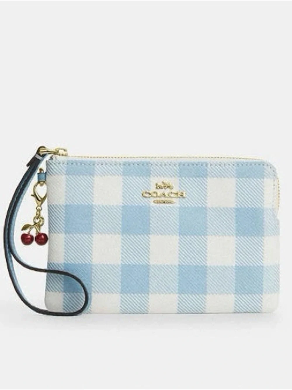 Coach Blue Gingham Wristlet Pouch with Cherry charm NWT